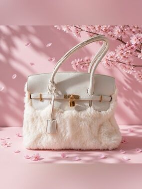 Vintage Y2K Rabbit Fur White  Top-Handle Tote Bag with Gold Hardware